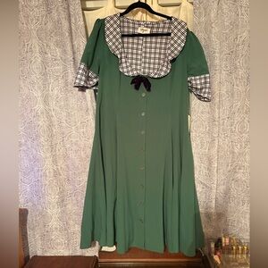 Tatyana Green Swing Retro Fit & Flare Puff Sleeves Button Dress Plaid XXL